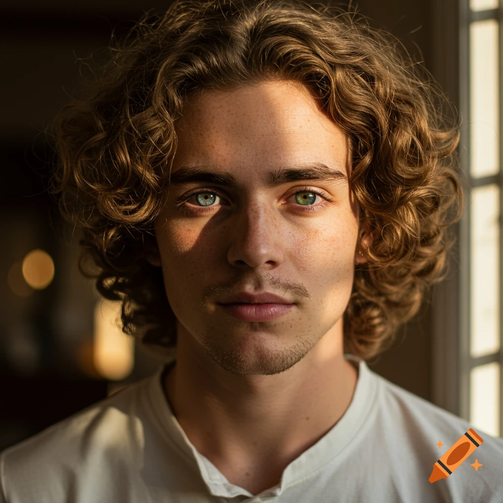Close-up portrait of a young man with curly brown hair, freckles, and heterochromia, bathed in sunlight.