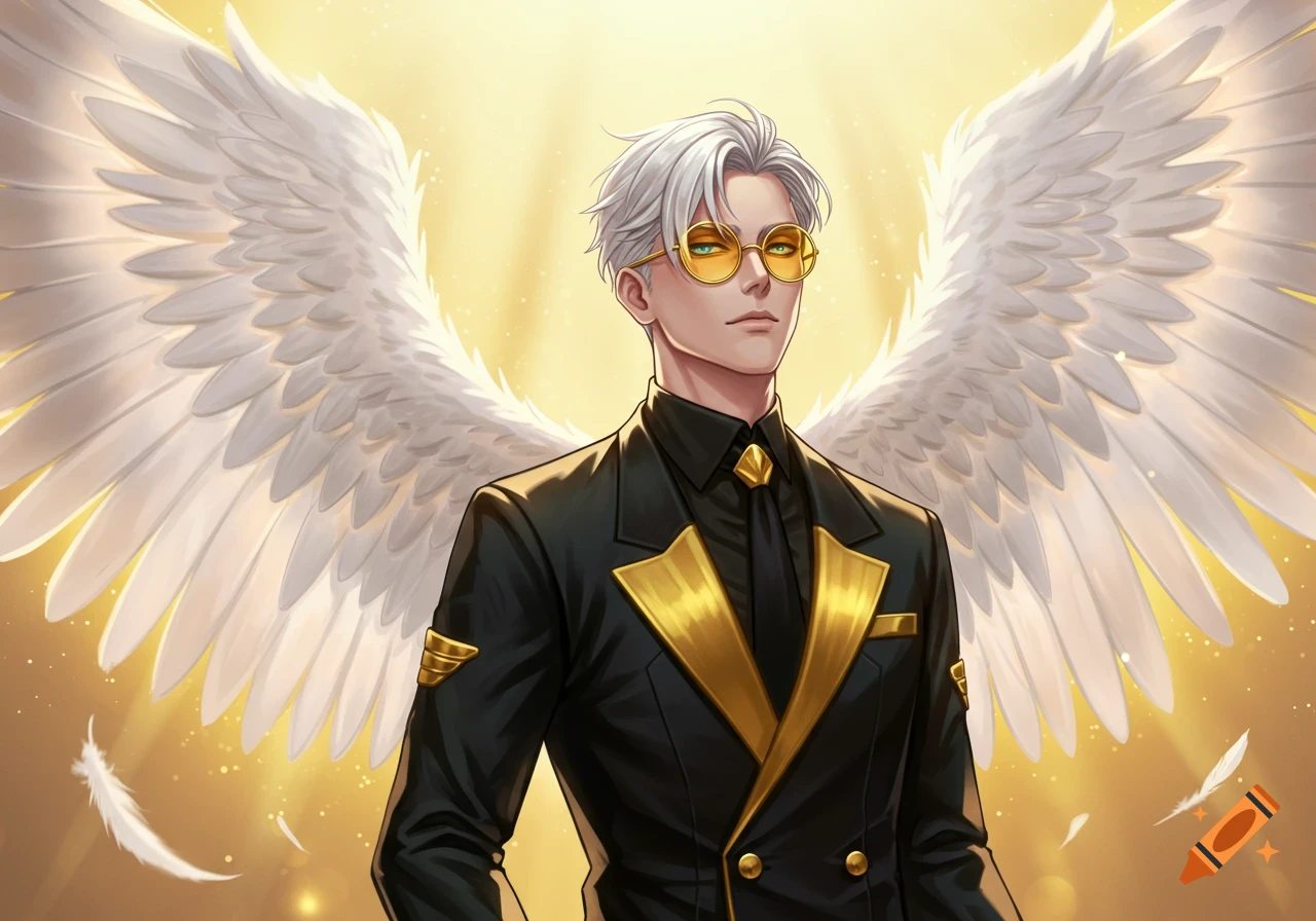 An anime male character with white hair, yellow sunglasses, a black and gold suit, and large white wings on a golden background.
