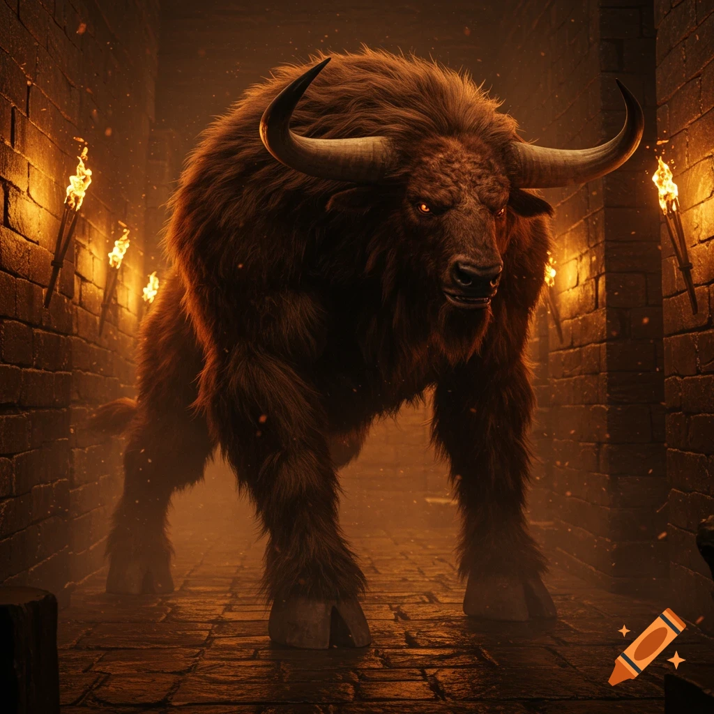 A large, furry Minotaur with glowing red eyes and horns stands menacingly in a dark, torch-lit stone labyrinth.