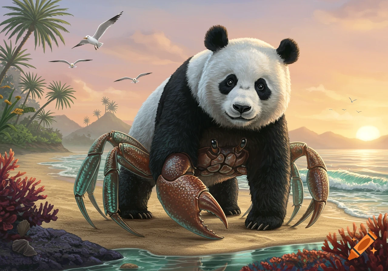 A whimsical pandacrab with a panda body and crab legs stands on a sandy beach at sunset with palm trees, ocean, and seagulls.
