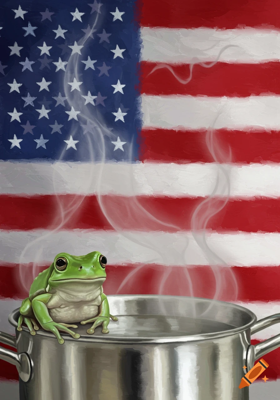 A green frog sits on the rim of a steaming metal pot, with a painterly, abstract American flag as the background.
