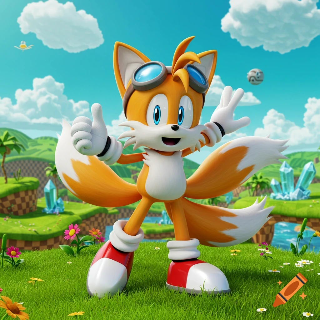 3D animated Miles 'Tails' Prower gives a thumbs up and waves in a vibrant green landscape with crystals and blue skies.