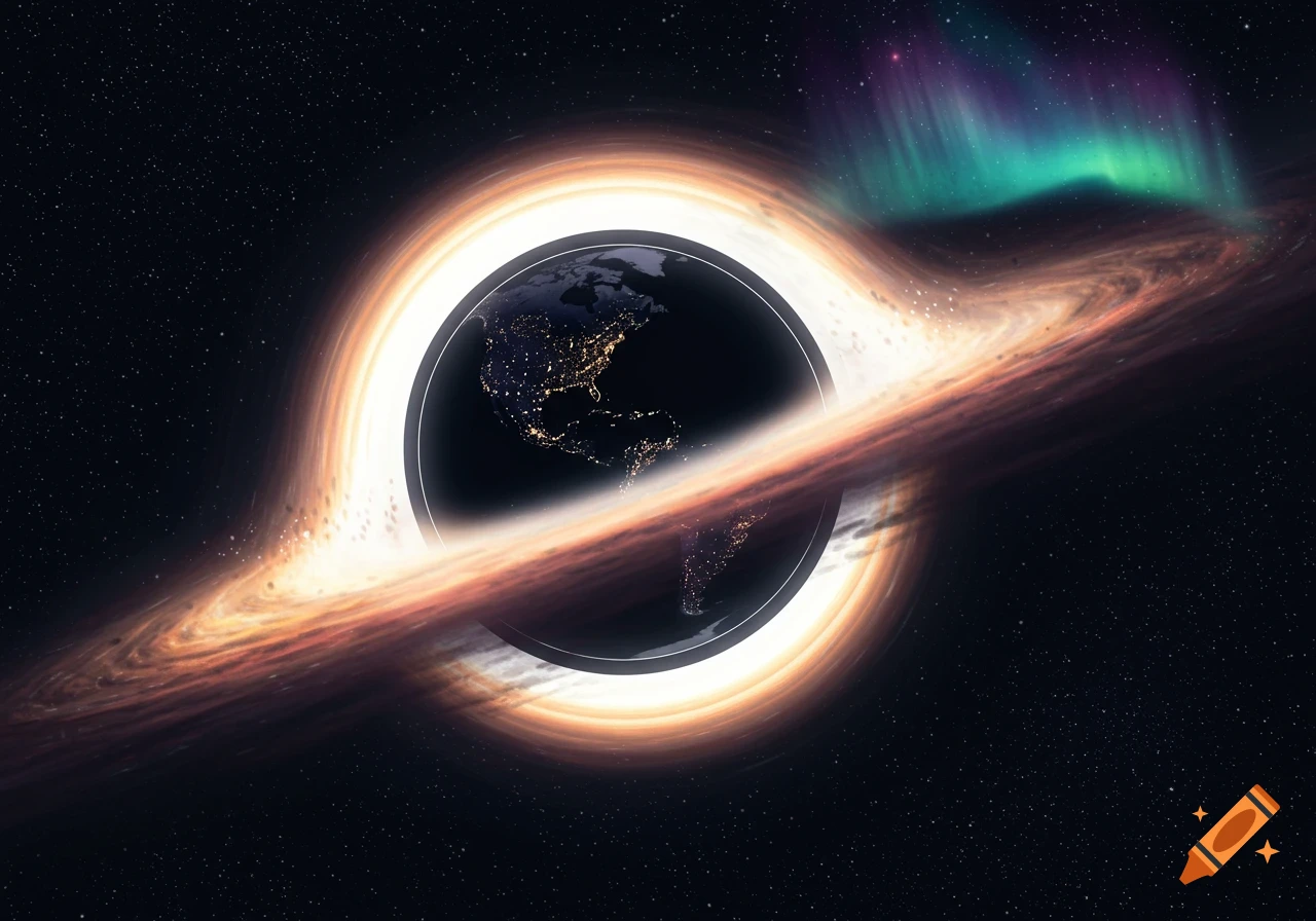 Earth with night lights being drawn into a luminous black hole, surrounded by a swirling accretion disk and a distant aurora.