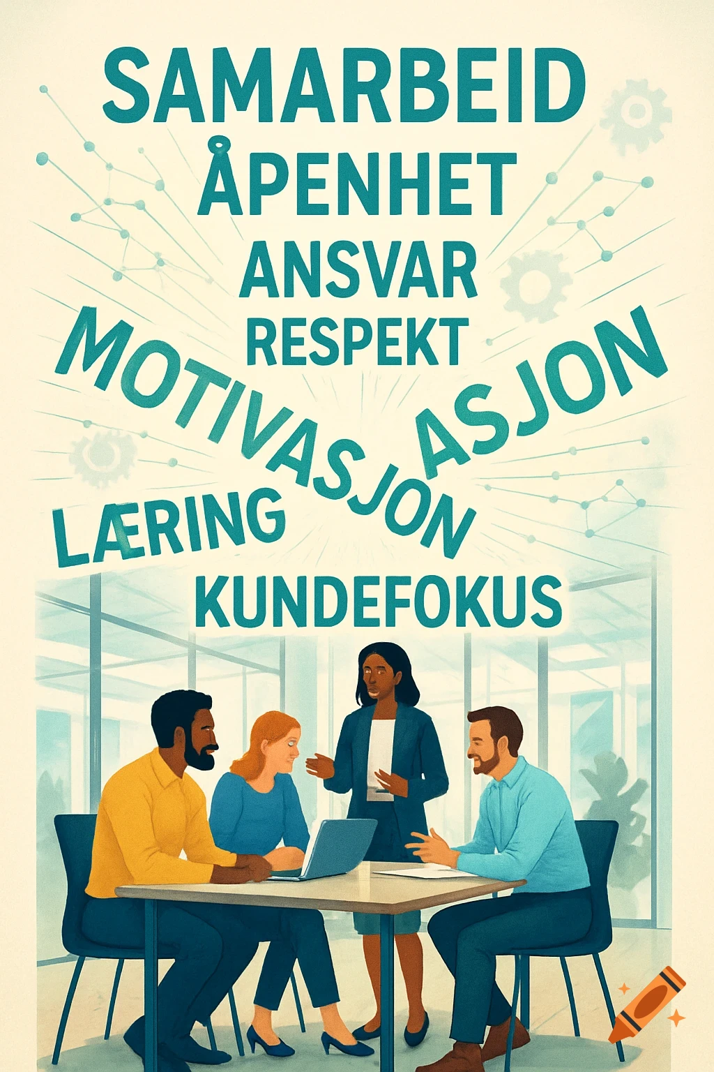 Illustration of a diverse business team meeting in an office. Teal text above lists values: Samarbeid, Åpenhet, Motivasjon.