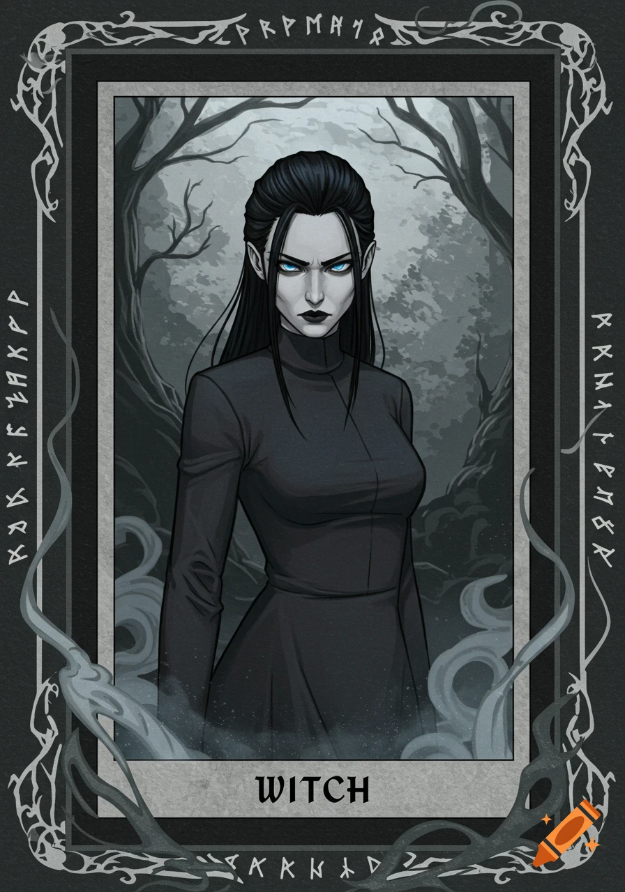 A digital art portrait of a stern witch with black hair and glowing blue eyes in a dark gray dress, framed by ornate runic borders.