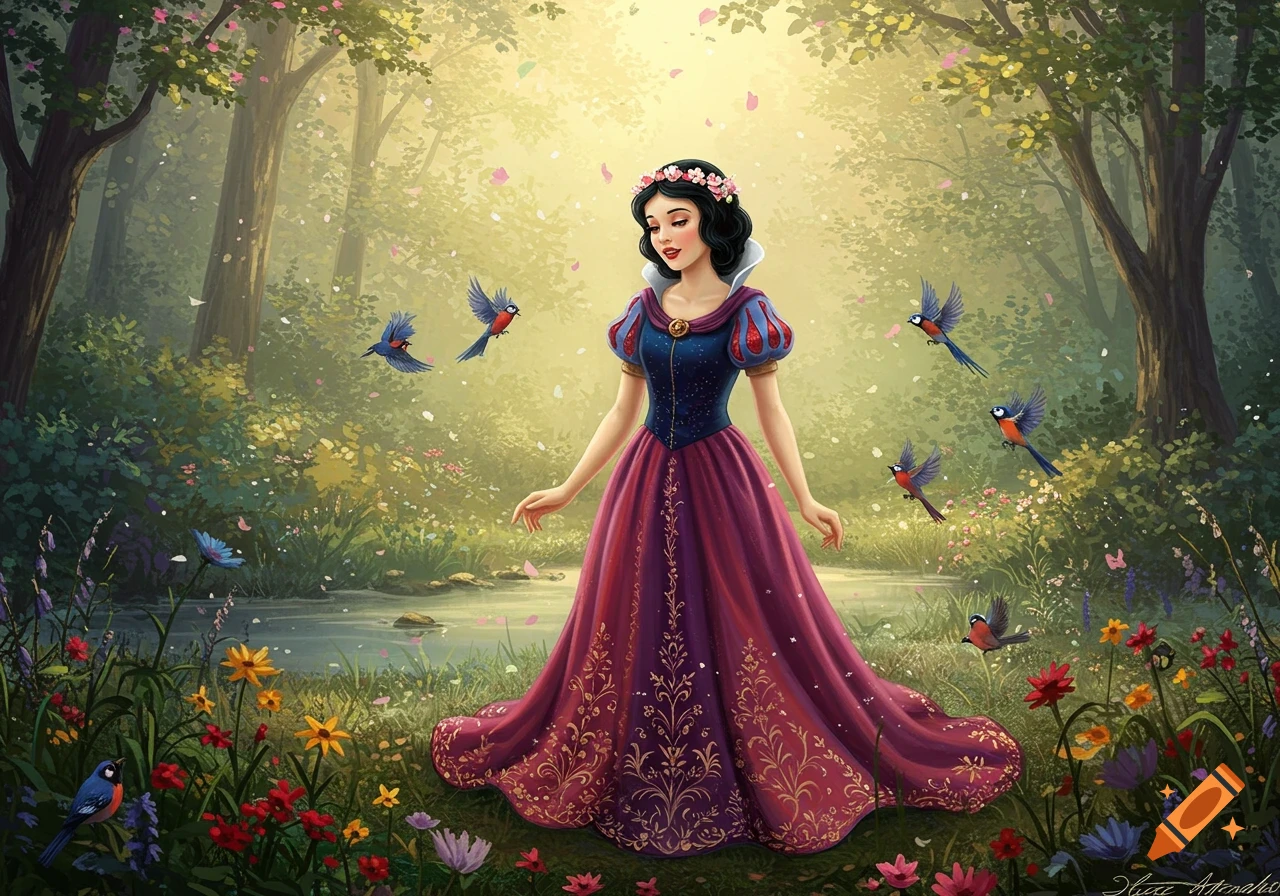 Snow White in a vibrant, sunlit enchanted forest, surrounded by colorful birds and wildflowers in a digital illustration.