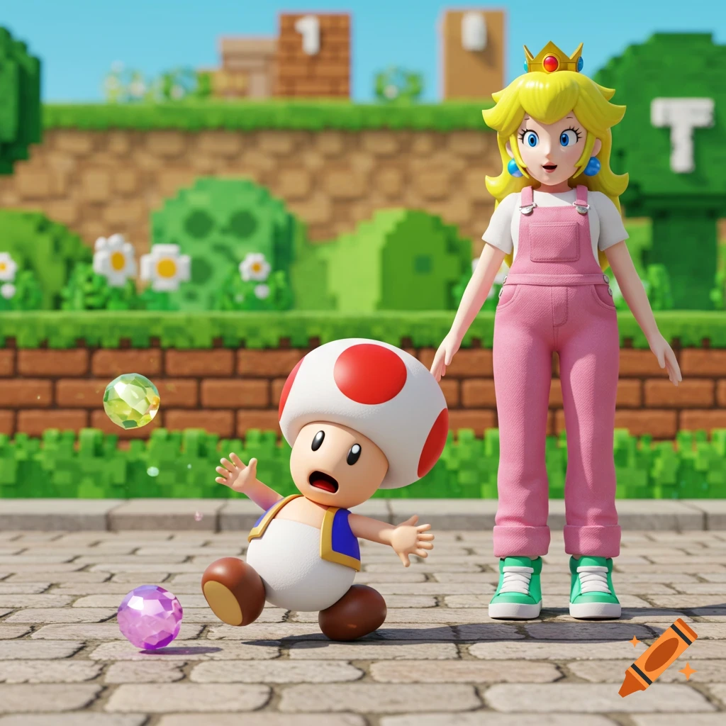 Toad trips on a sidewalk, dropping a rainbow pearl, while Princess Peach watches in a pixelated background.