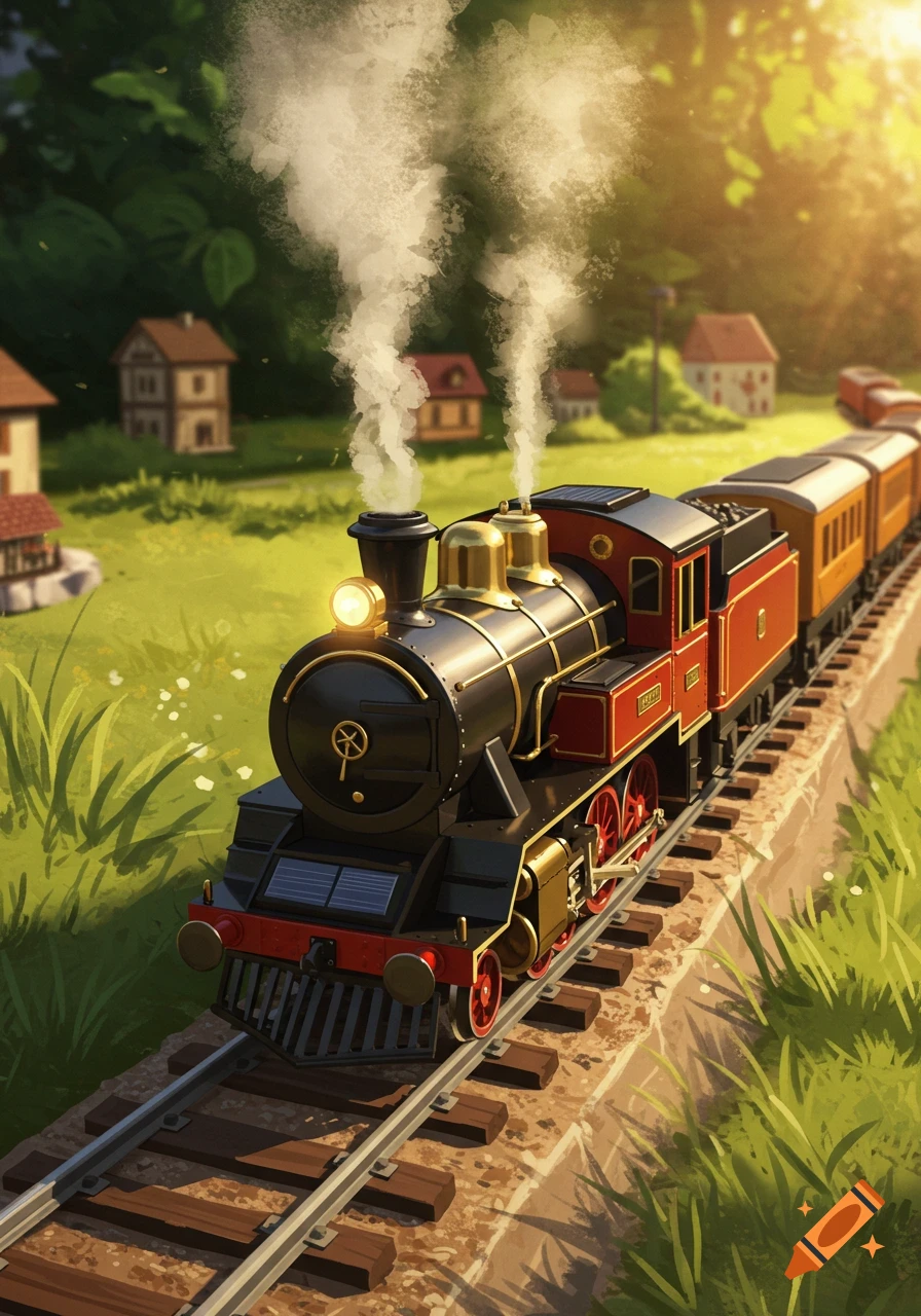 A stylized old-fashioned black and red steam train with gold accents and solar panels travels on tracks through a sunny green landscape with small houses in the background.