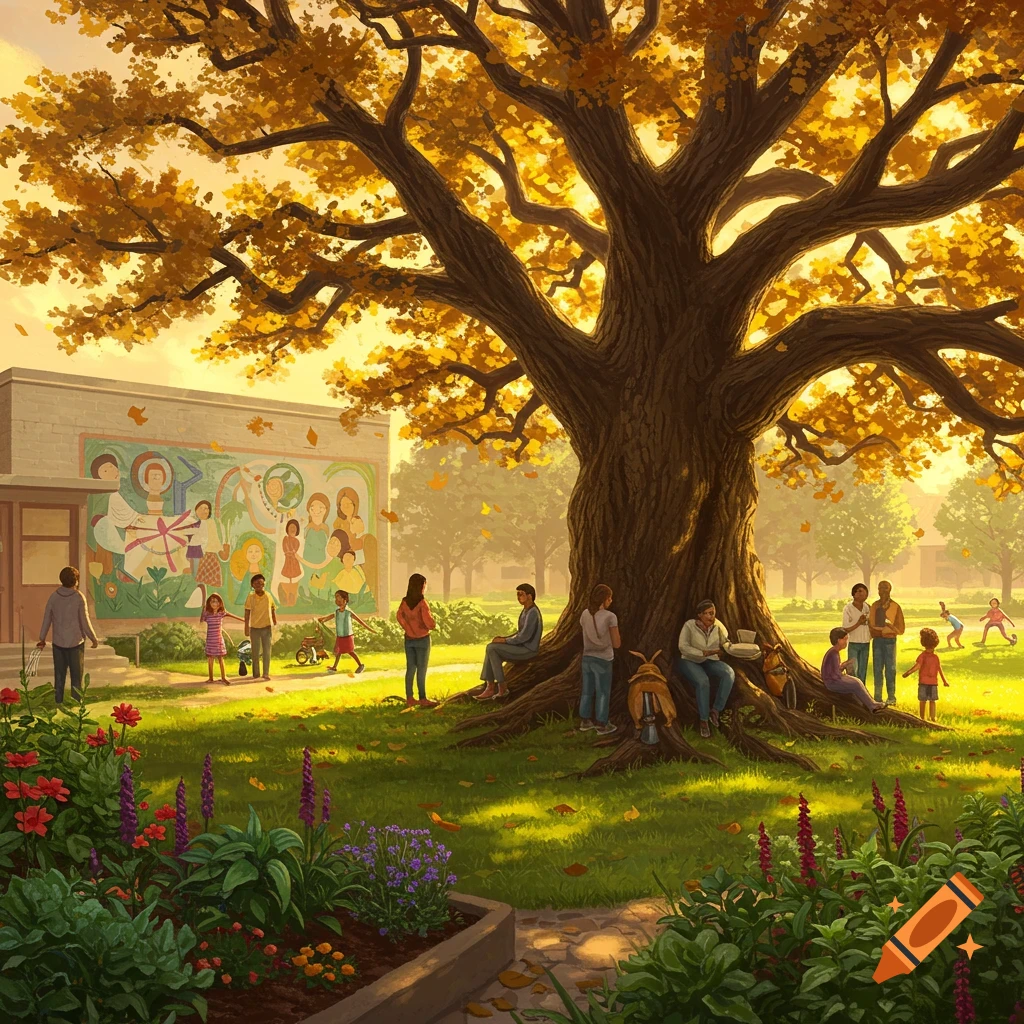 An illustrated scene of a diverse community gathering under a large autumn tree in a park, next to a building with a colorful mural.