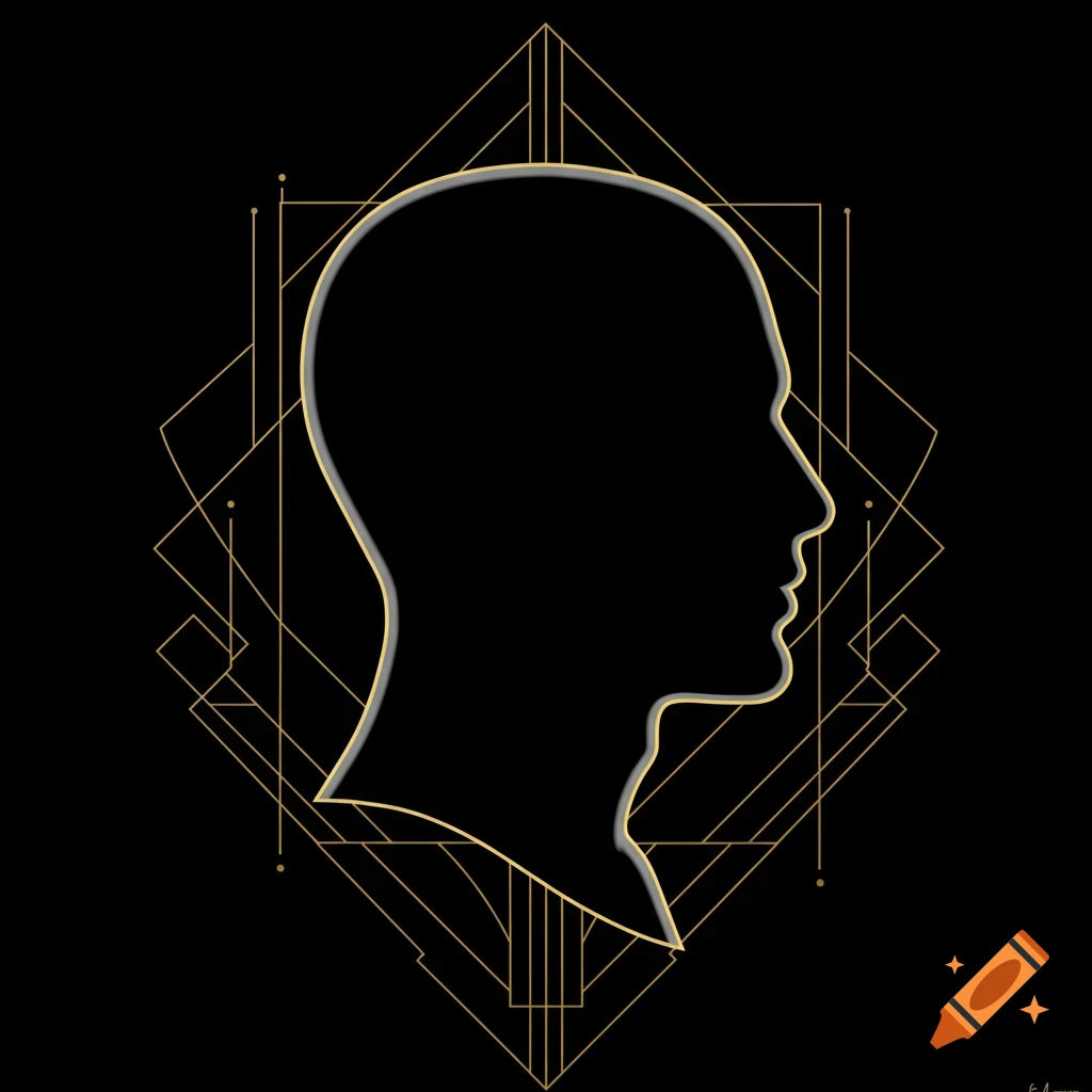 Minimalist Art Deco profile silhouette of a male head, outlined in gold and silver, with geometric patterns on black.