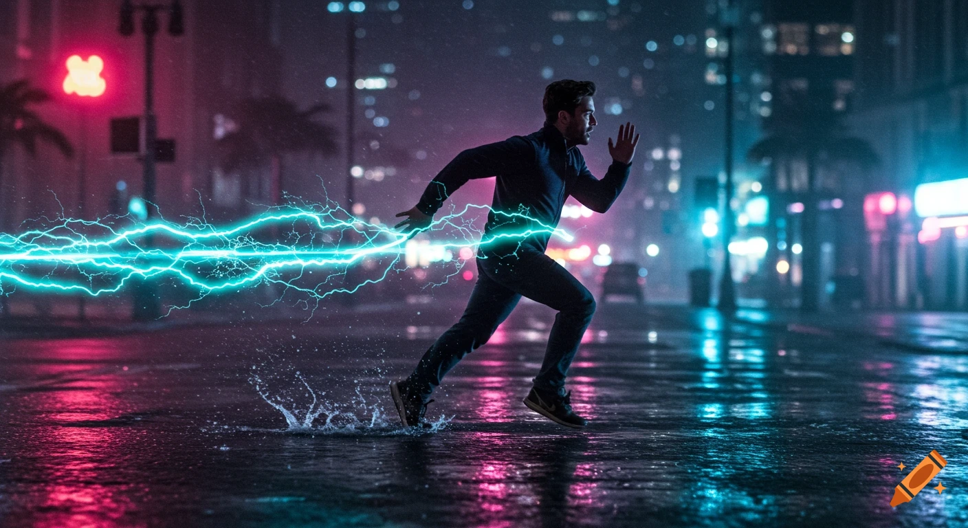 A man runs with speed through a neon-lit futuristic cityscape at night, leaving a trail of blue lightning. Photorealistic.