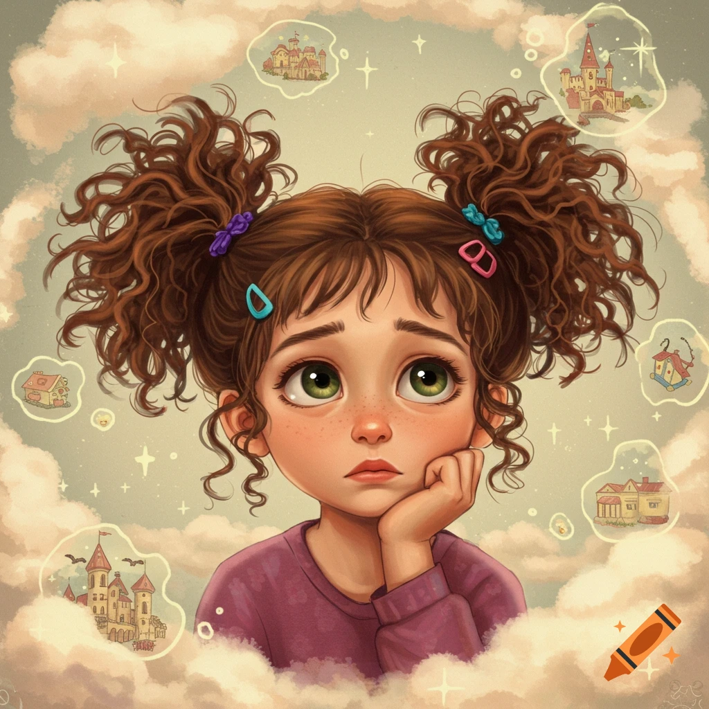 A thoughtful young girl with curly brown pigtails and green eyes, surrounded by whimsical clouds and thought bubbles of castles and houses, in an illustration.