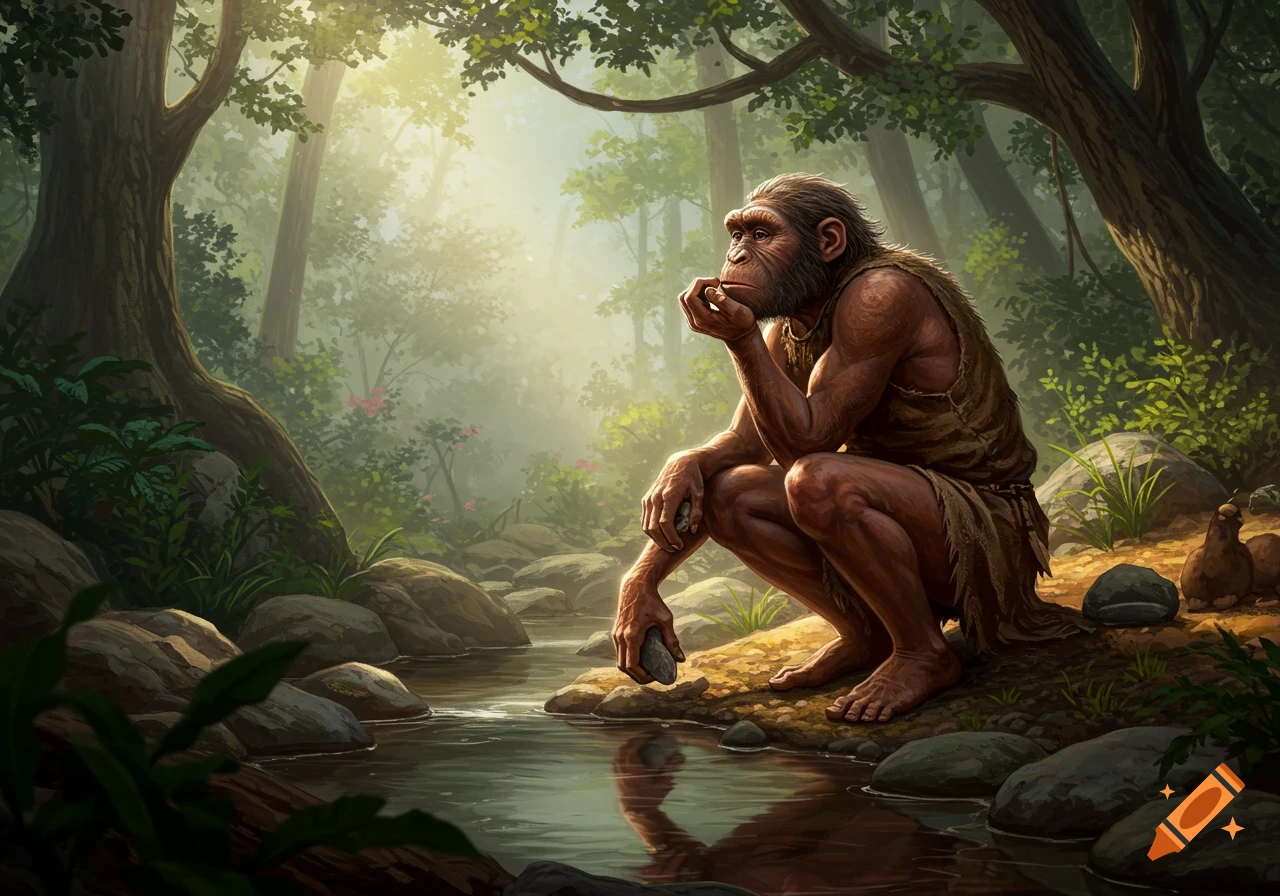 An early hominid squats by a forest stream, holding a stone, in a lush, detailed illustration.