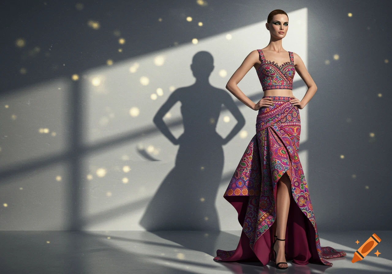 A woman in a vibrant patterned two-piece crop top and high-slit skirt stands in a grey room with window shadows and sparkling lights.