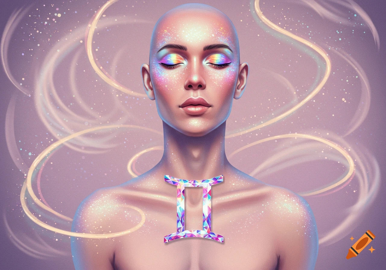 A bald person with sparkling rainbow glitter makeup on their closed eyes and face, wearing a geometric rainbow 'II' Gemini symbol on their chest.