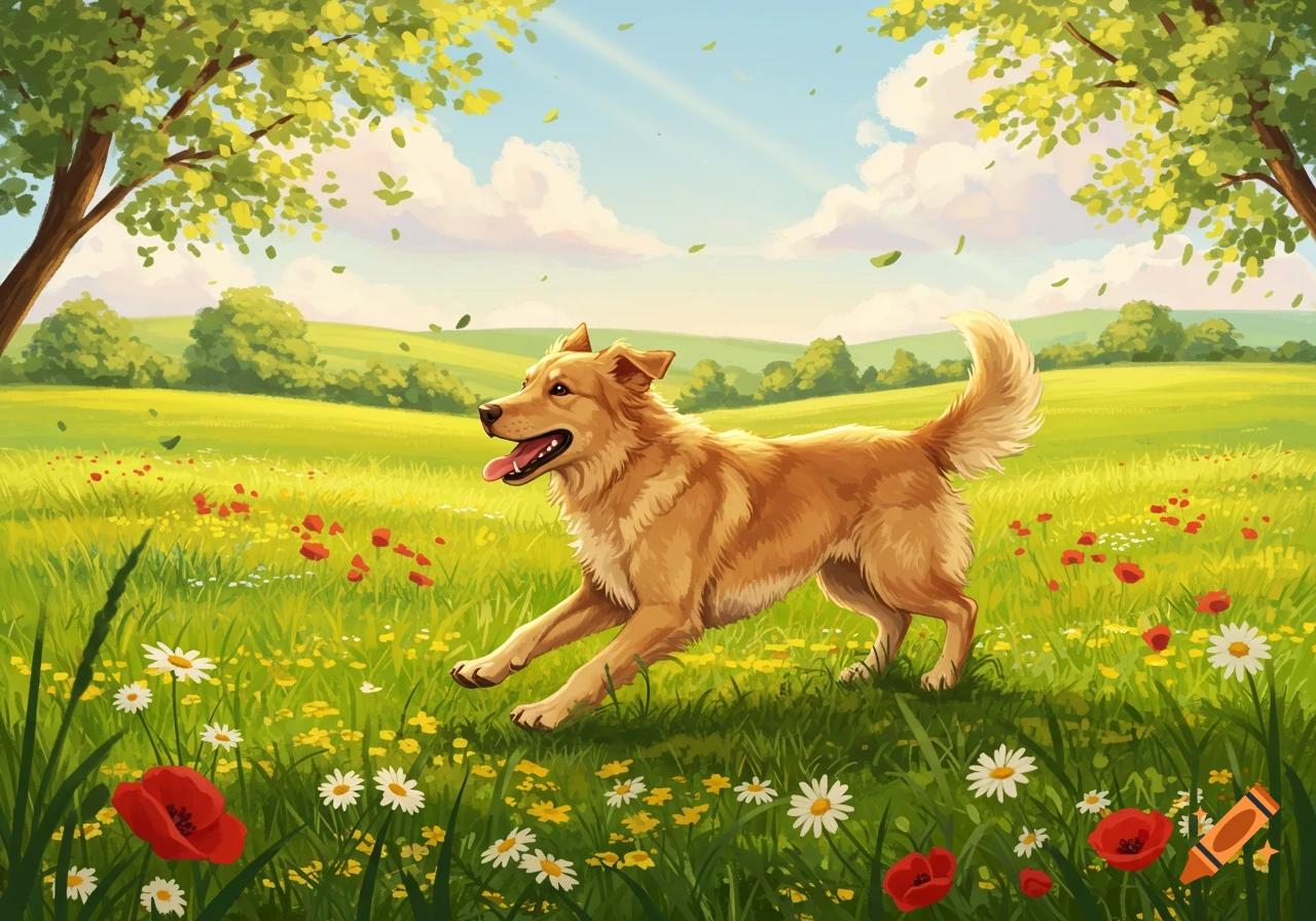 An illustration of a golden-brown dog running through a sunny green field filled with red poppies and white daisies, with trees in the background.