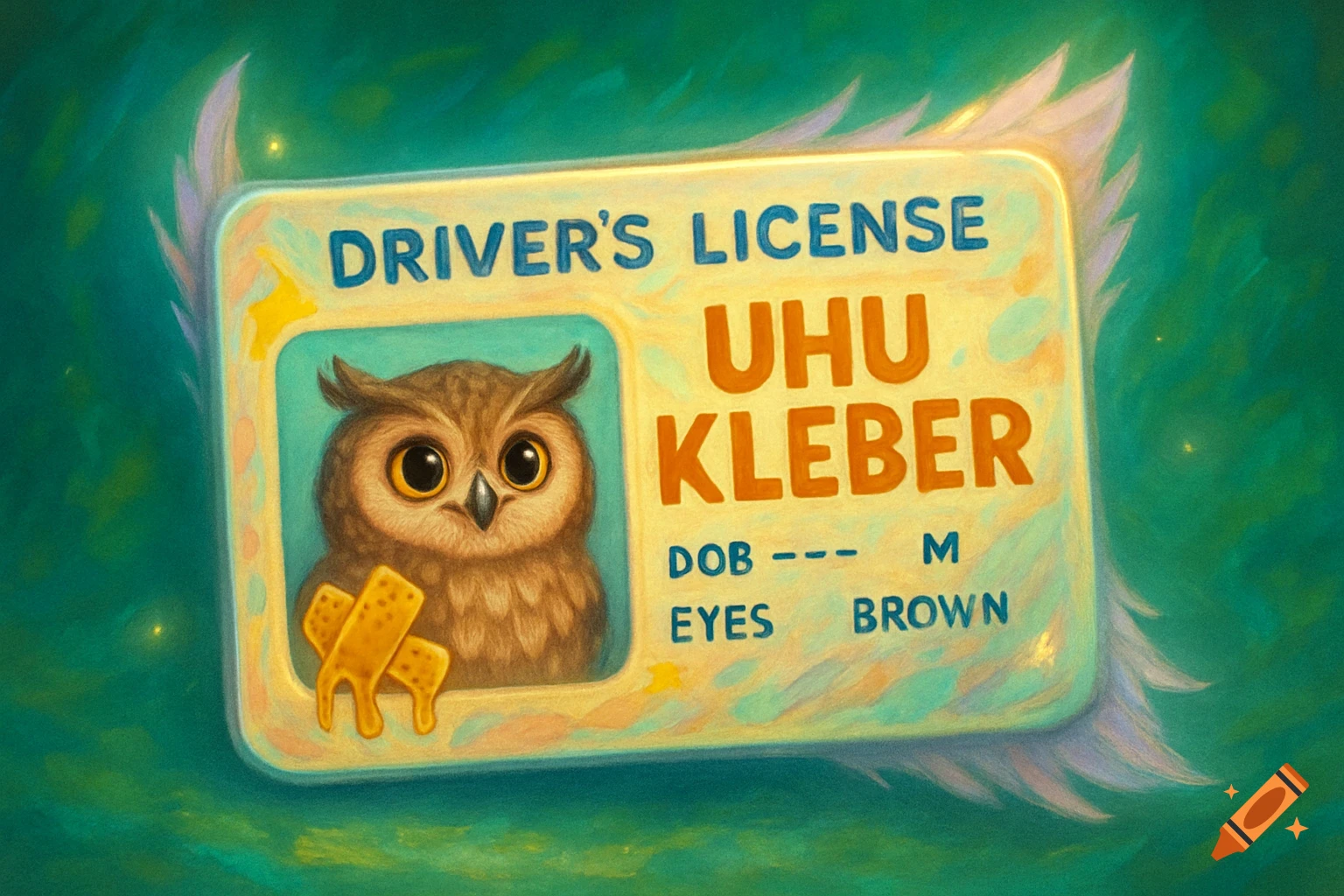 A whimsical illustration of a cute cartoon owl on a driver's license that reads 'UHU KLEBER' against a green background.