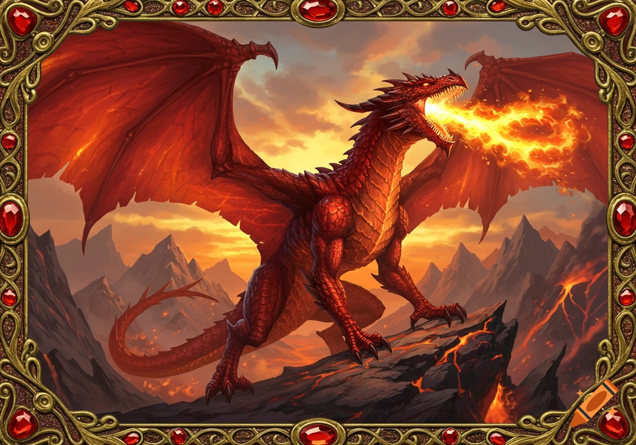 A hyperdetailed fantasy illustration of a red dragon breathing fire over a volcanic landscape, framed by a golden and red ornate border.