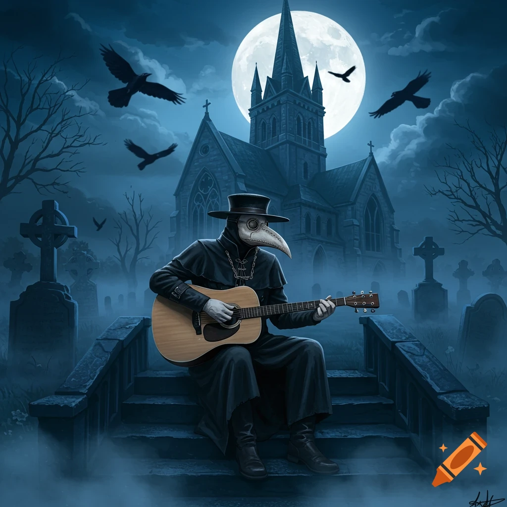 A plague doctor in a long dark coat and beak mask sits on church steps, playing an acoustic guitar in a misty, moonlit gothic graveyard with crows flying.