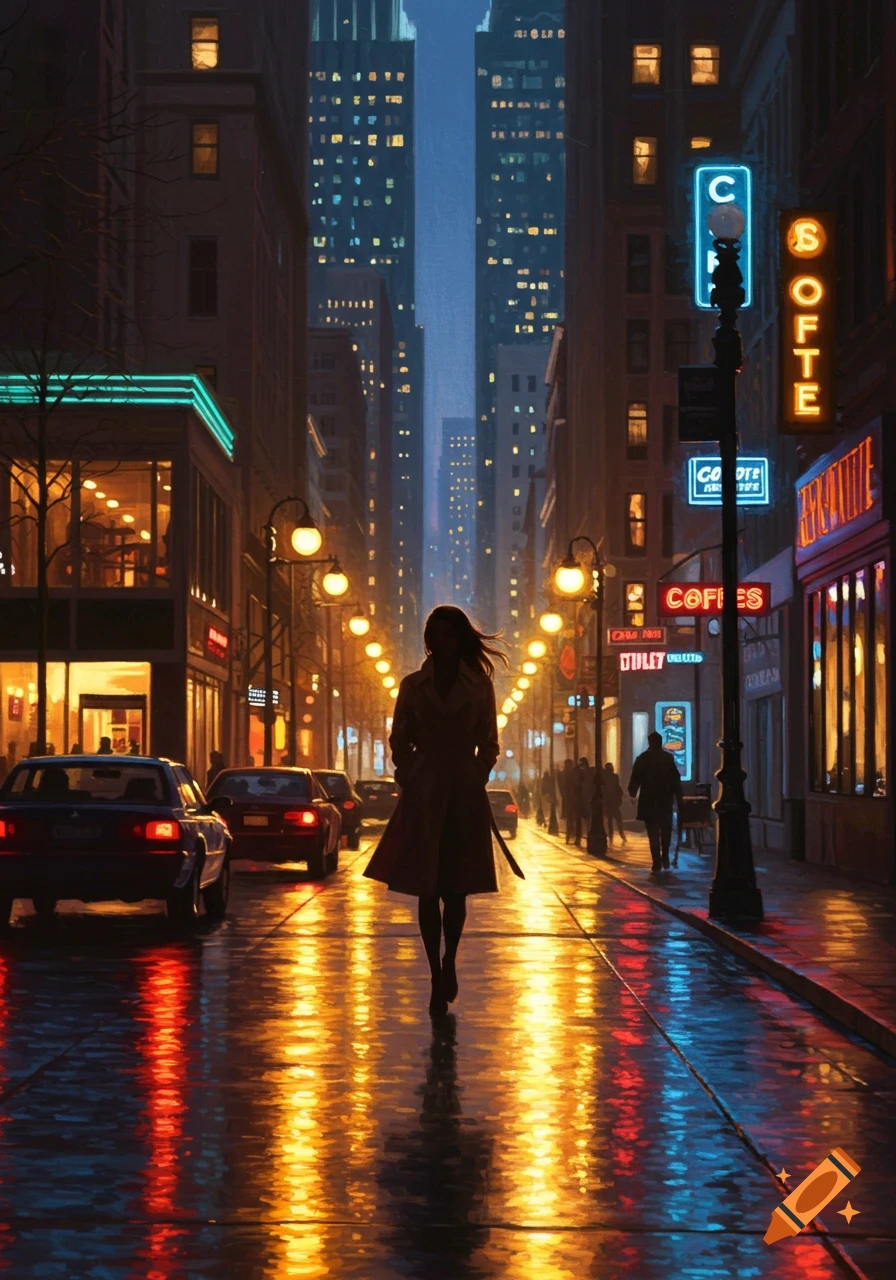 A woman in a trench coat walks down a wet, neon-lit city street at night, with reflections on the pavement.