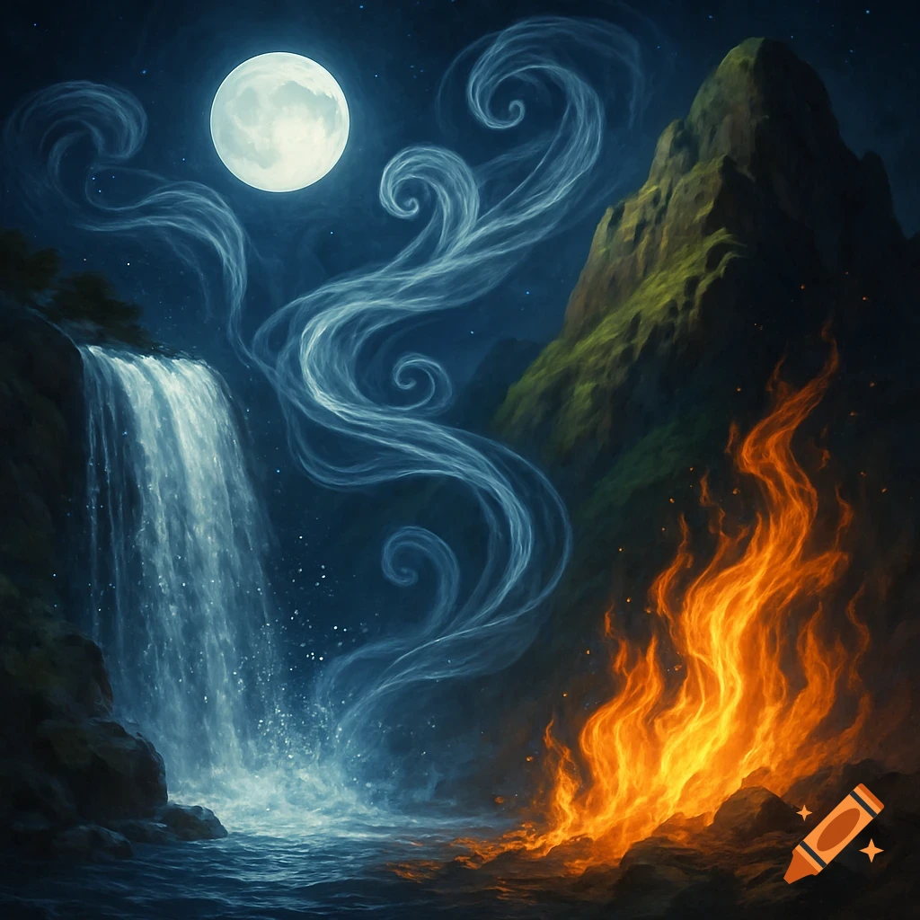 A fantasy night landscape with a full moon, a waterfall, swirling blue ethereal forms, and a large bonfire at a mountain base.