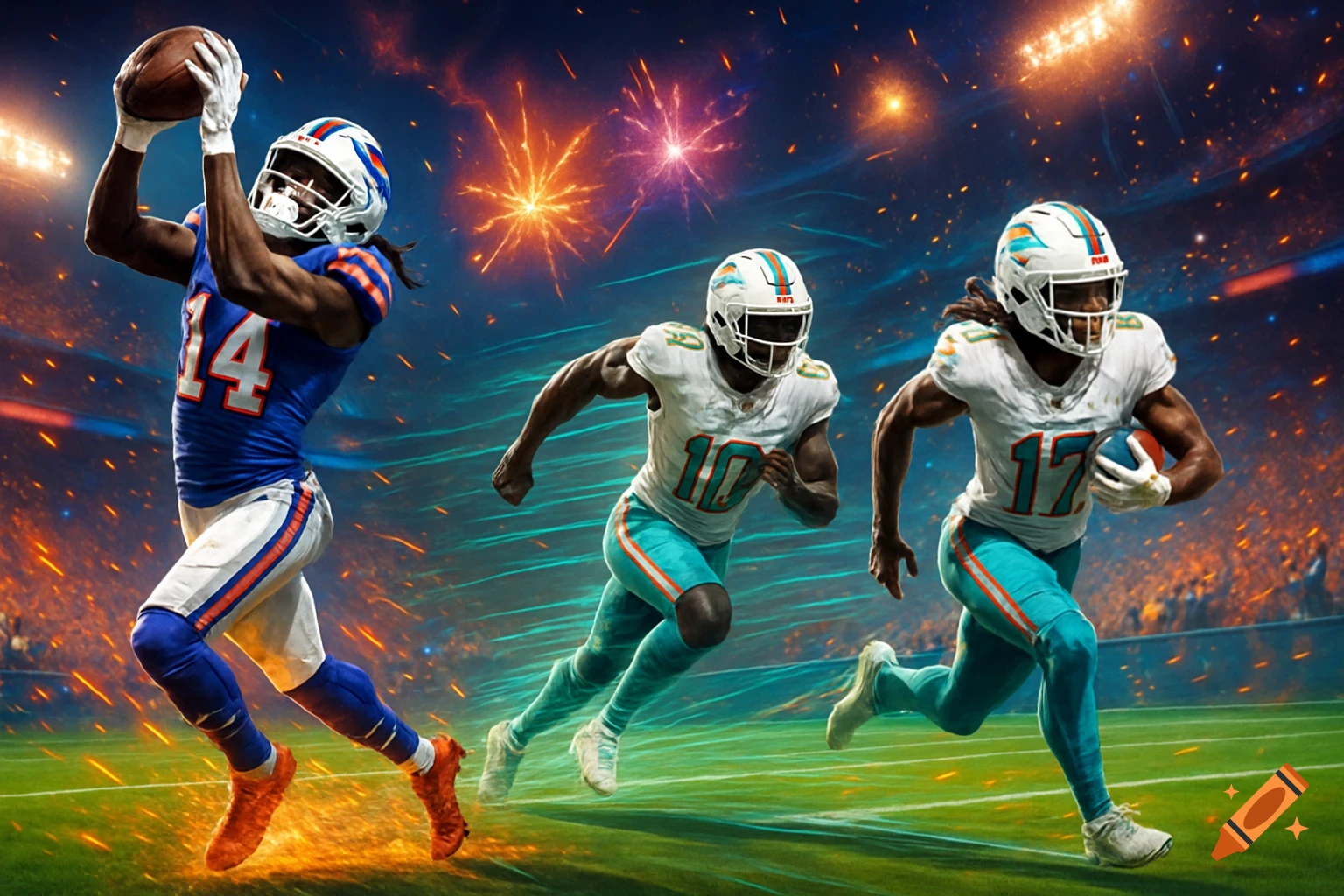 Three football players, one in a blue Buffalo Bills uniform catching a ball, and two in white and teal Miami Dolphins uniforms running across a vibrant, stylized field with fireworks in the background.