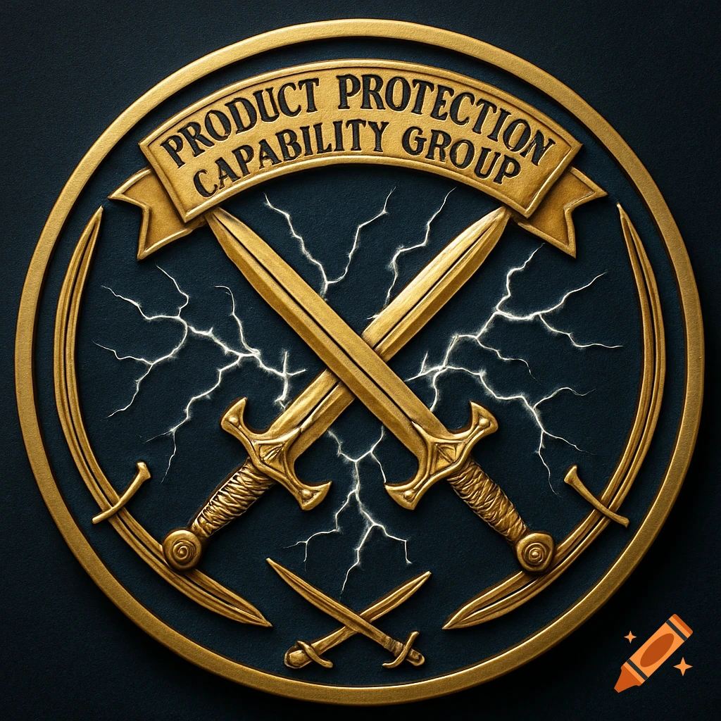 Gold circular emblem with crossed swords, lightning, and 'PRODUCT PROTECTION CAPABILITY GROUP' text on a banner, on a dark blue background.