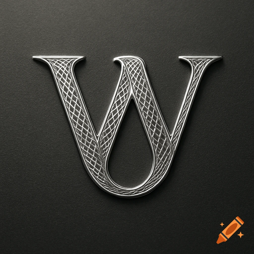 Polished silver letter W logo with a wire effect and raised edges on a dark background.
