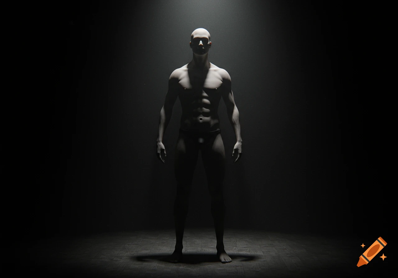 A bald, muscular male figure in a speedo stands in a dark room illuminated by a single spotlight from above, casting long shadows. Photorealistic style.