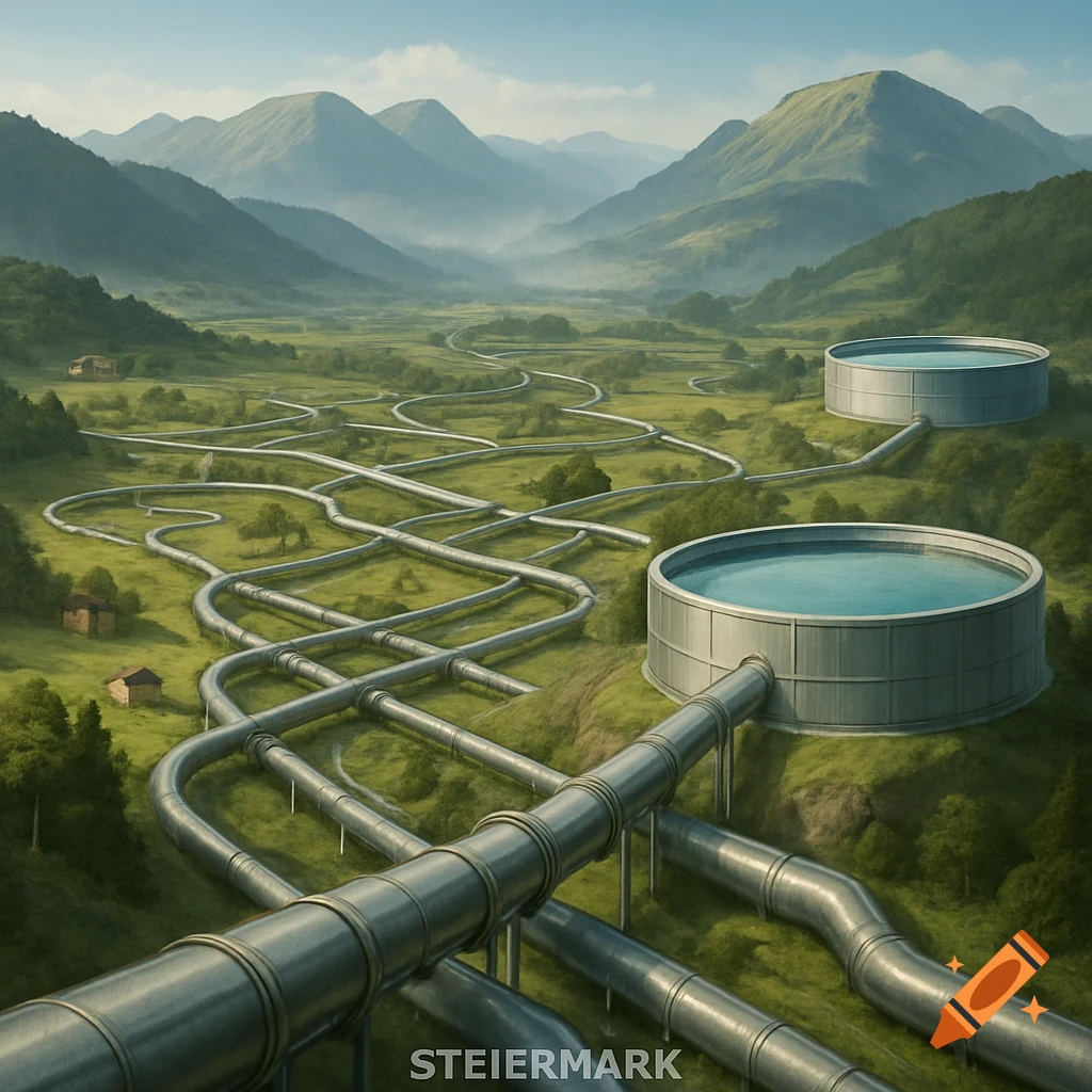 A vast network of winding silver pipelines connects two circular water storage tanks in a lush green mountain valley.