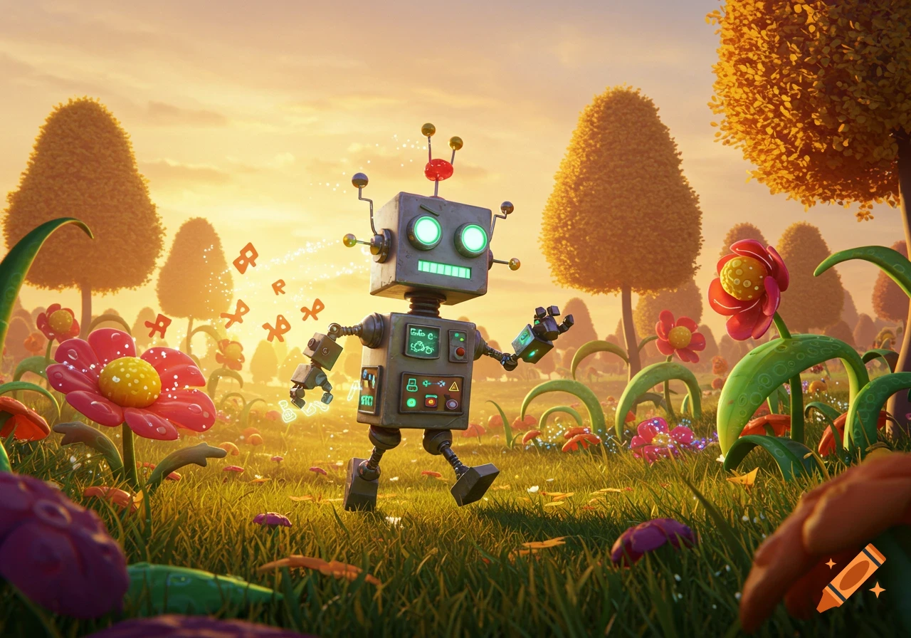A charming cartoon robot with glowing green eyes walks through a vibrant field of colorful flowers under a warm sunset sky.