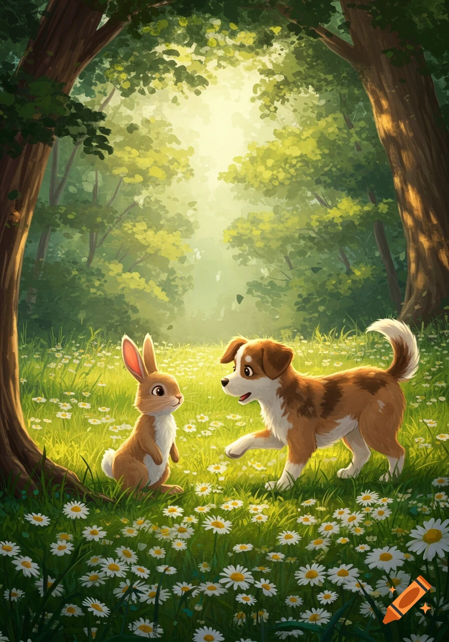 A cartoon rabbit and a dog meet in a sunny, flowery forest clearing, painted in a children's book illustration style.