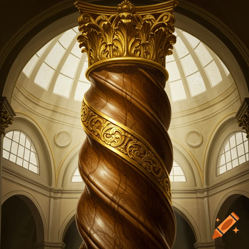 An ornate golden and wooden spiral column stands centrally in a grand domed hall with arched windows, bathed in soft light.