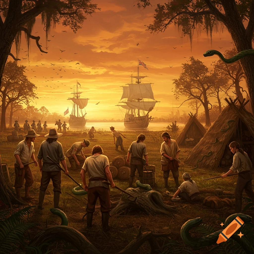 Colonial settlers work on a marshy riverbank at sunset with sailing ships in the background and large snakes in the foreground and trees.