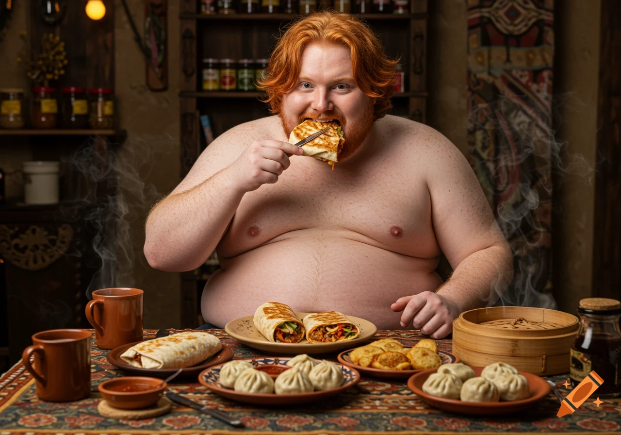 Obese, shirtless redhead man joyfully eats a burrito at a rustic table laden with burritos and dumplings.