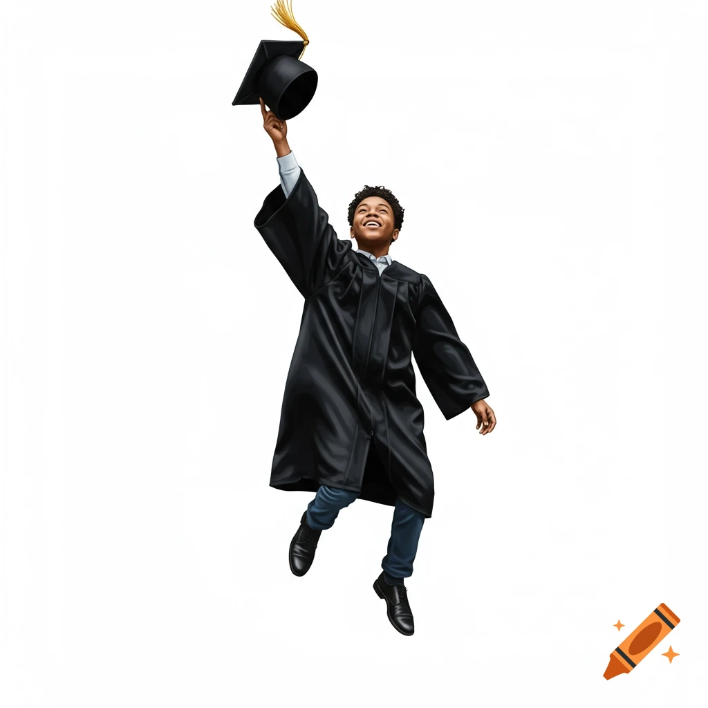 A young, smiling graduate in a black cap and gown jumps joyfully on a white background, throwing their graduation cap in the air.
