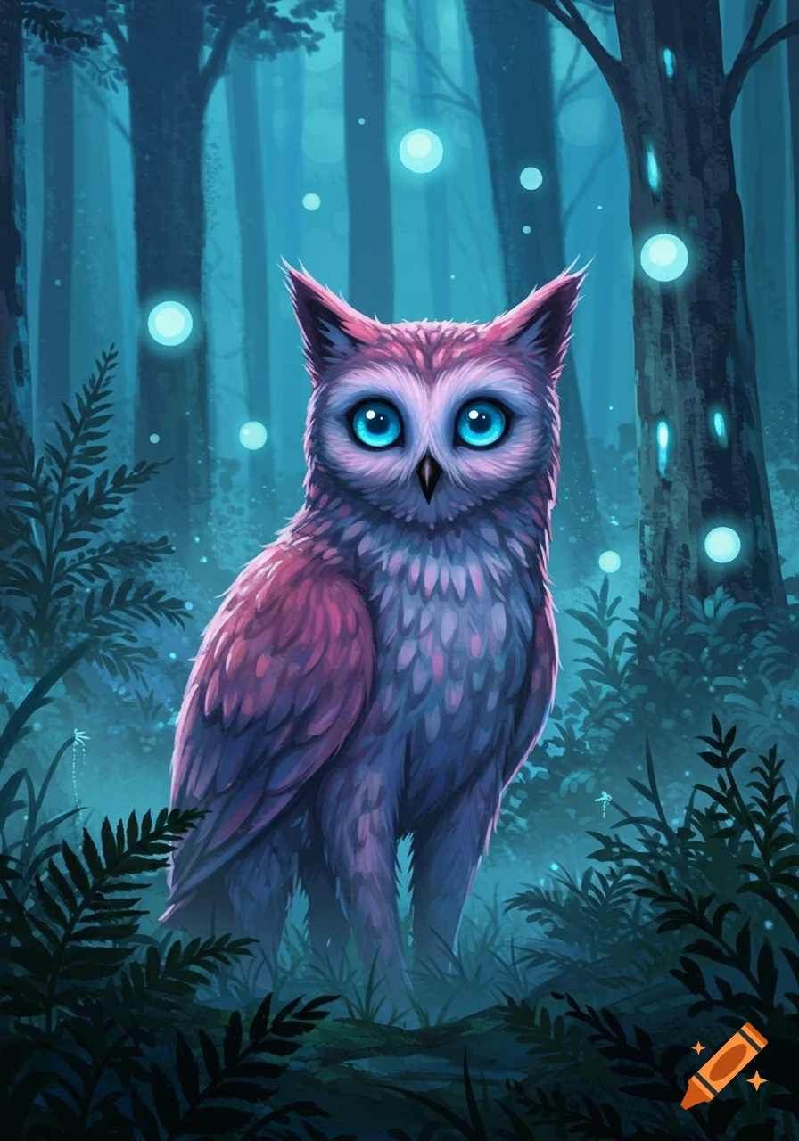 A vibrant, stylized owl with large blue eyes sits in a dark, glowing fantasy forest.