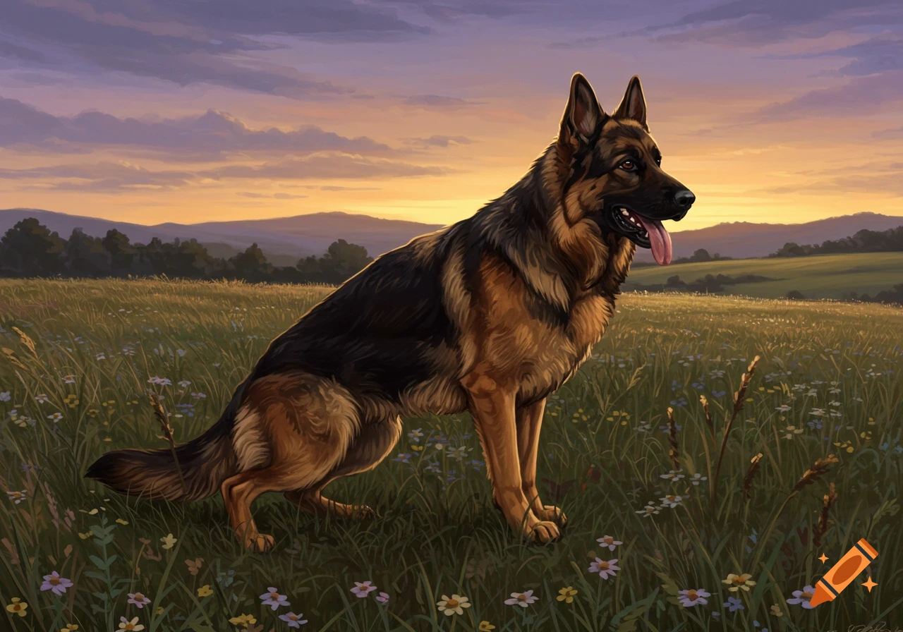 A German Shepherd dog sits in a field of green grass and wildflowers under a vibrant sunset sky, illustration.