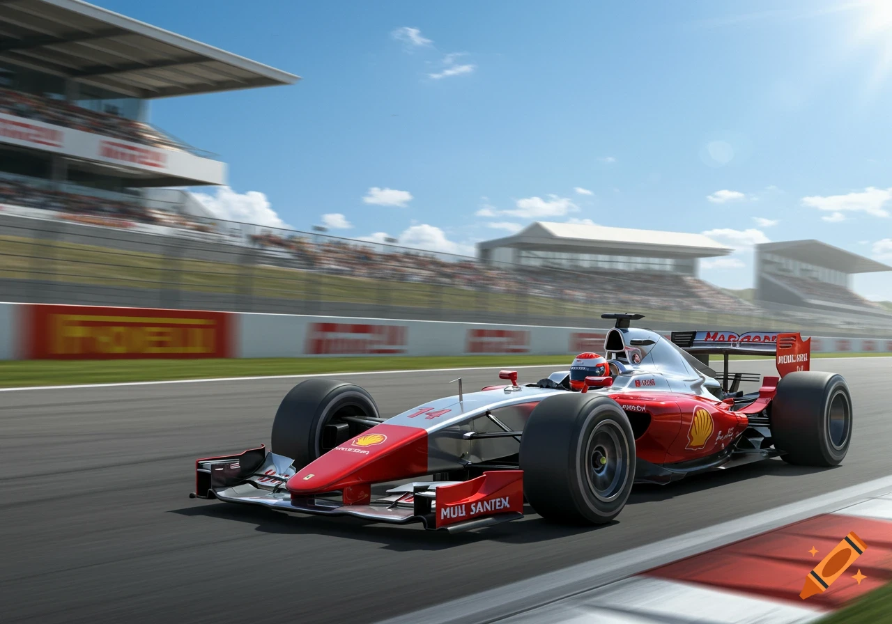 A photorealistic red and silver Formula 1 car speeds along a race track, with grandstands visible in the background under a clear blue sky.