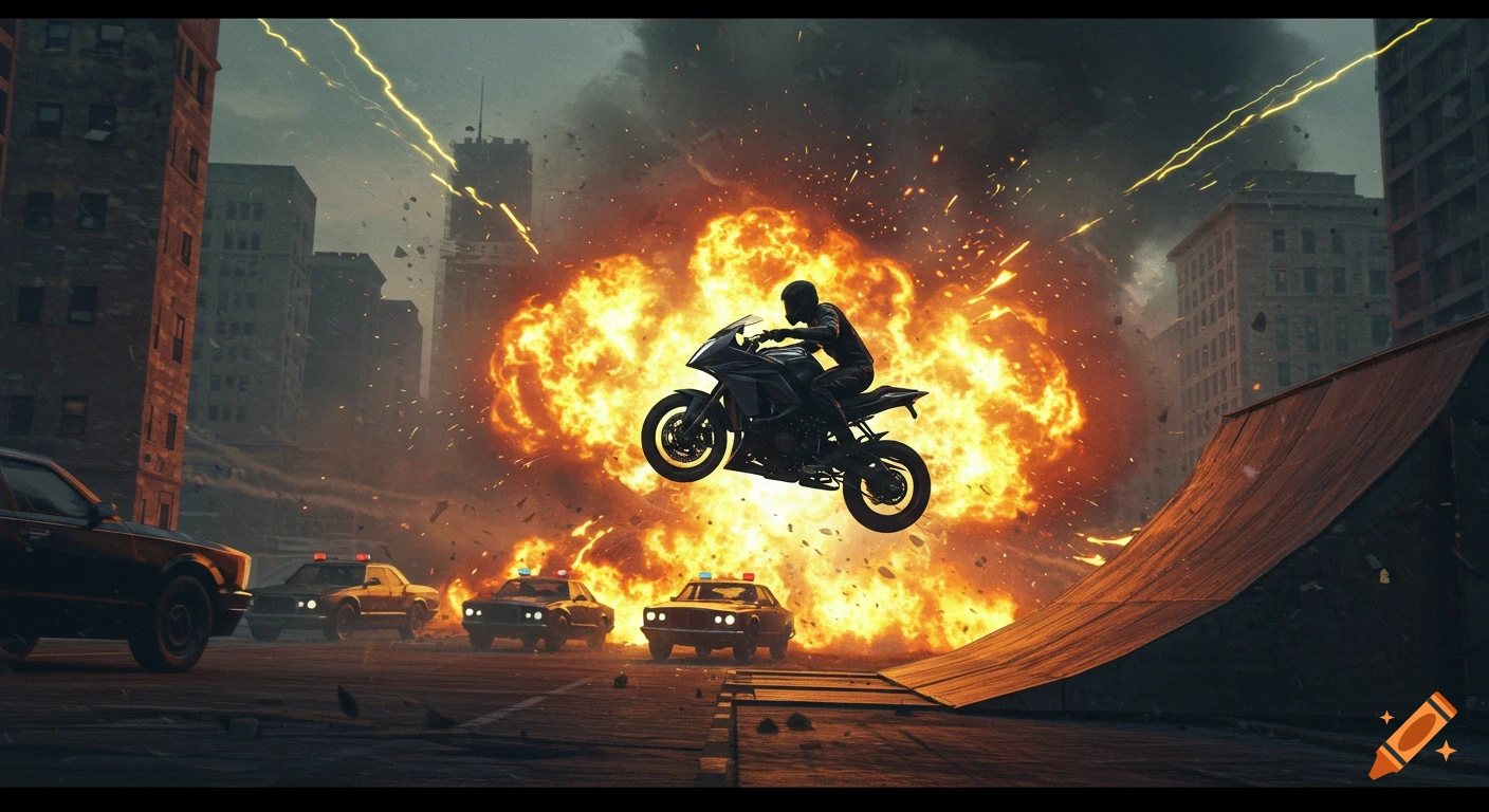 A motorcyclist jumps over a large explosion in a city street, with police cars in pursuit. Photorealistic style.