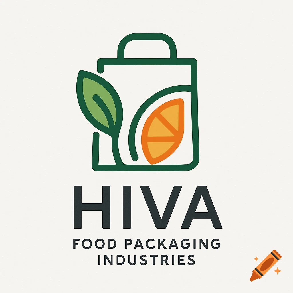 Modern logo for Hiva Food Packaging Industries, featuring a green shopping bag icon with a leaf and an orange slice.