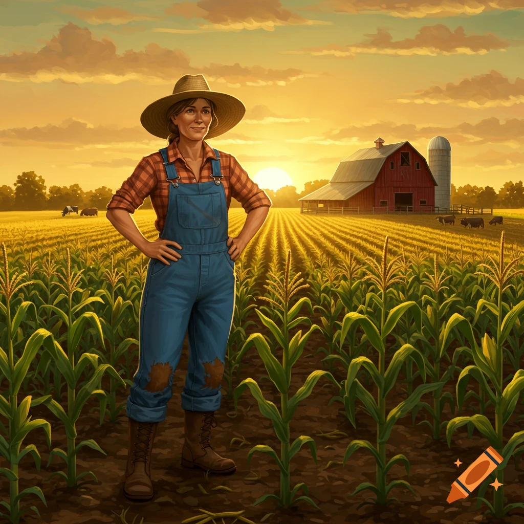 An illustrated farm woman stands proudly in a cornfield at sunset, with a red barn and silo in the background.