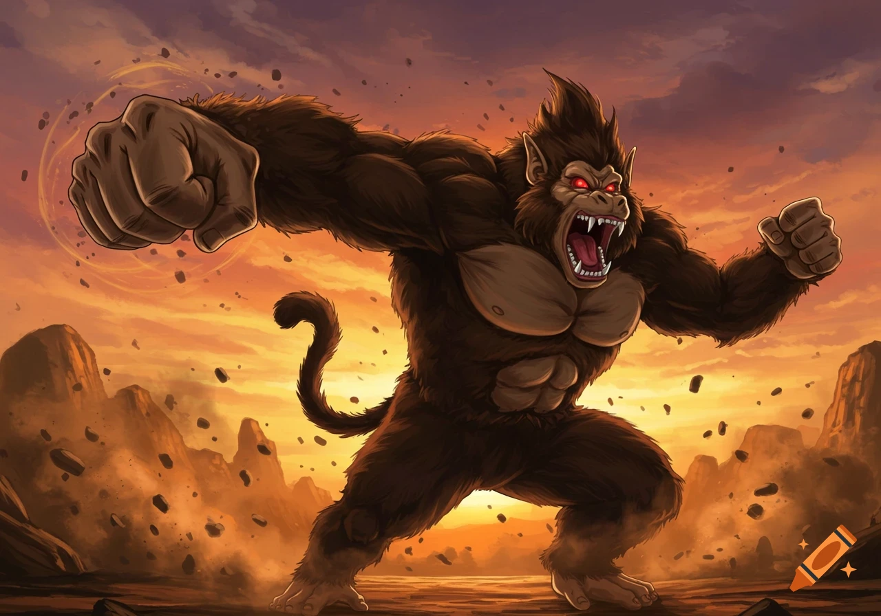 A fierce, muscular brown ape with glowing red eyes and fangs roars, throwing a punch as rocks fly around him in a dramatic, orange sky landscape. Anime style.