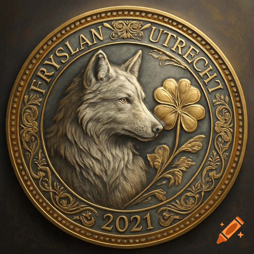 A detailed gold and silver relief coin features a wolf's profile, a four-leaf clover, and the text 'FRYSLAN UTRECHT 2021'.