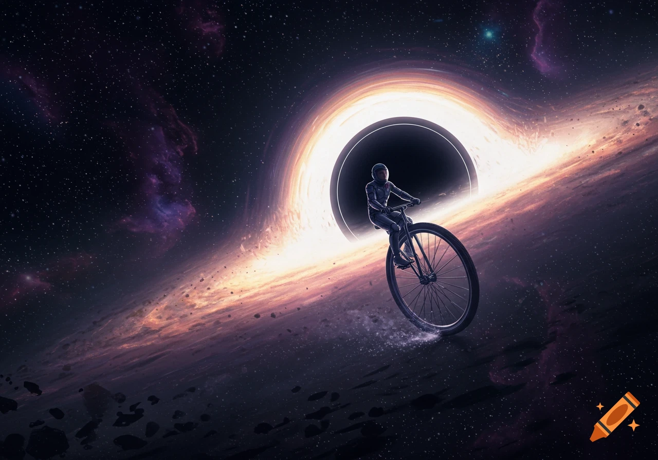 An astronaut rides a bicycle in deep space, approaching a bright, glowing black hole with nebulae and stars in the background.