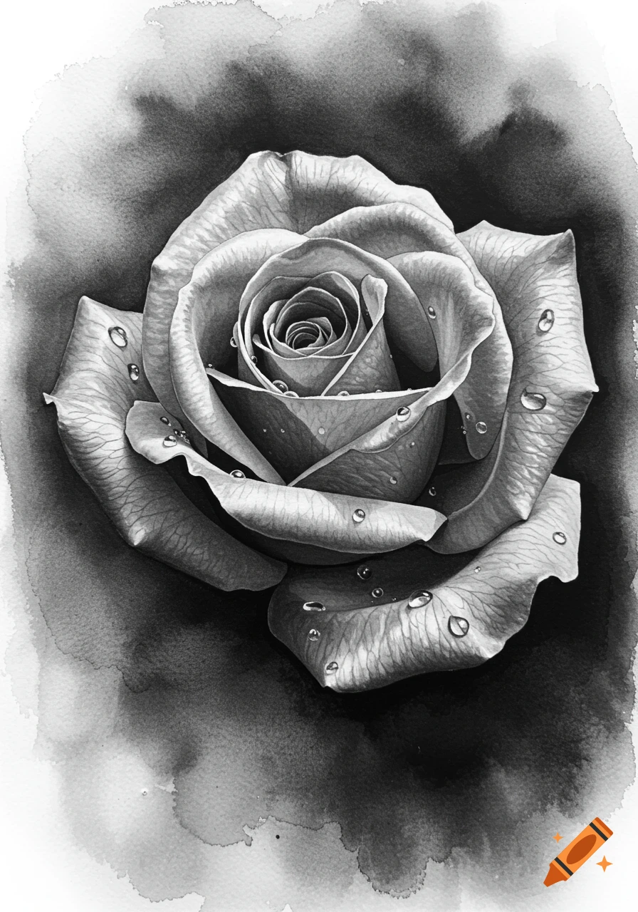 Detailed black and white watercolor painting of a rose with glistening water droplets on its petals.