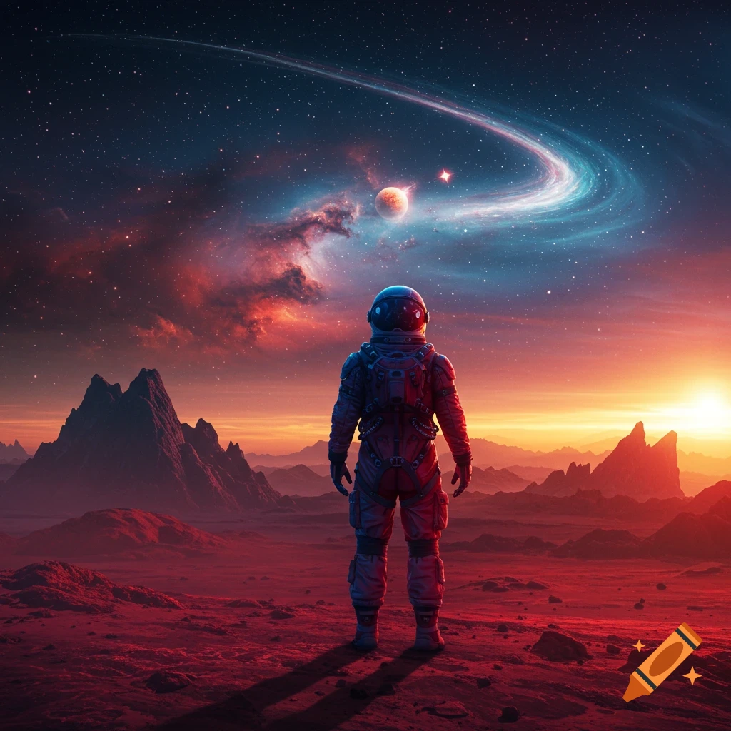 An astronaut stands on a red alien planet, looking up at a vibrant, swirling galaxy and planet in the cosmic sky during sunset.