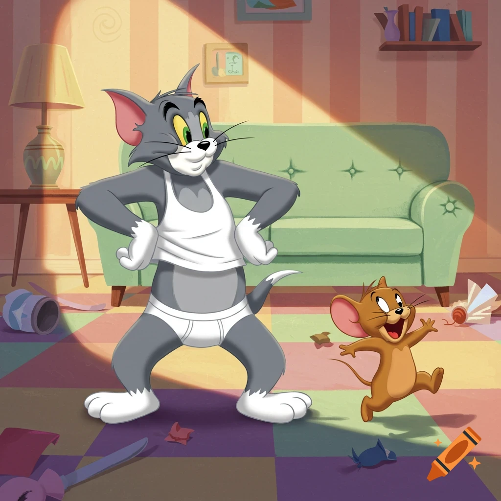 Cartoon Tom the cat wearing a tank top and underwear, standing in a messy living room as Jerry the mouse runs past him.