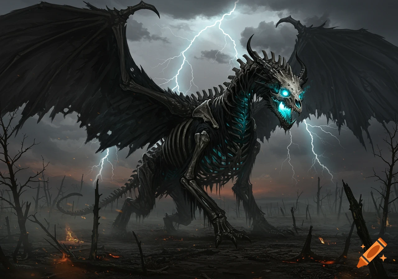 Dark skeletal dragon with glowing blue eyes and tattered wings, standing in a desolate, fiery landscape under a lightning-filled stormy sky.
