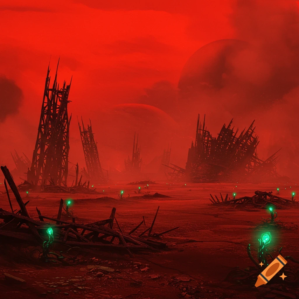 A desolate, red-hued alien landscape with destroyed towering structures, glowing green plants, and two large planets in the sky.